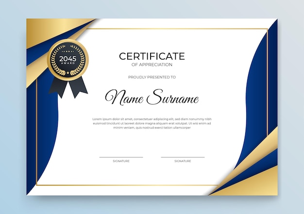 Certificate template banner with abstract geometric shape for print template with golden wave and white clean modern