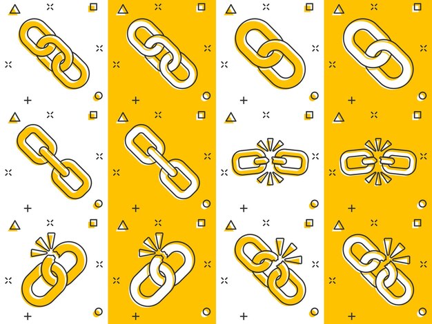 Chain sign icon set in comic style Link vector cartoon illustration on white isolated background Hyperlink business concept splash effect