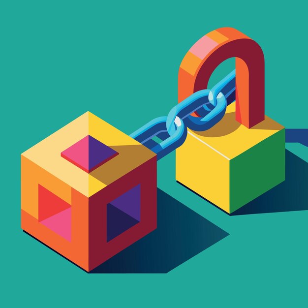 Chains with combination padlock and colorful wooden block as safety banking block chain concept
