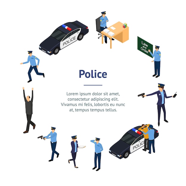 character policeman in uniform concept banner card circle 3d isometric view vector
