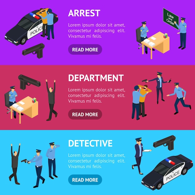 character policeman in uniform concept banner horizontal set 3d isometric view vector