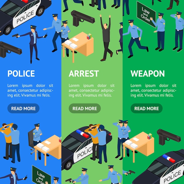 character policeman in uniform concept banner vecrtical set 3d isometric view vector
