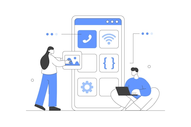 Characters developing new mobile app Developers team programming coding code mobile user interface