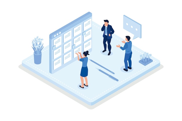 Characters making calendar schedule,  Business time management and organization concept, isometric