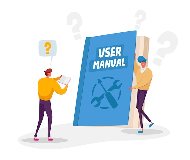 Characters Reading User Manual, Guide Book or Technical Instruction Concept. Tiny Characters Read Huge Handbook with Guidance and Tutorial for Users