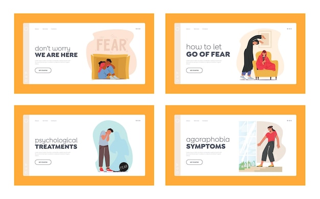 characters with fear mental problems landing page template set. agoraphobia, introversion disorder, depression
