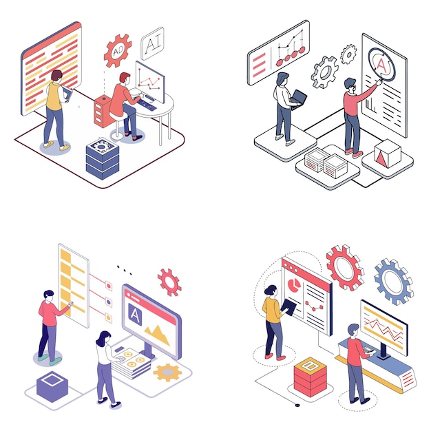 Characters working with generative AI model tools Deep learning artificial intelligence algorithm