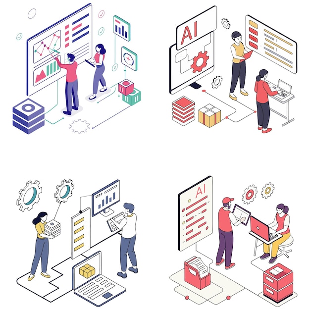 Characters working with generative AI model tools Deep learning artificial intelligence algorithm