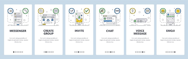Chat and messaging web site and mobile app onboarding screens Menu banner vector template for website and application development Sms messenger app send message in group chat Thin line art style