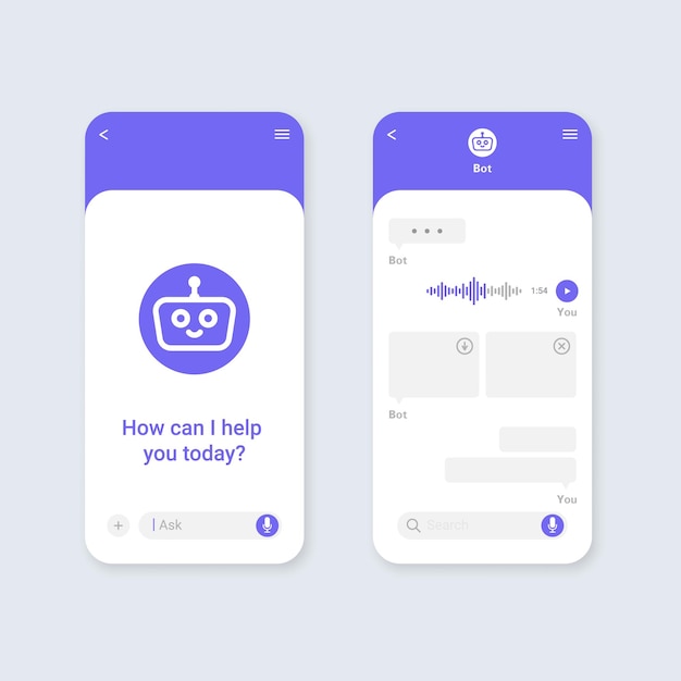 Chat bot mobile application dialog box template concept. UI UX elements for web design. Vector illustration.