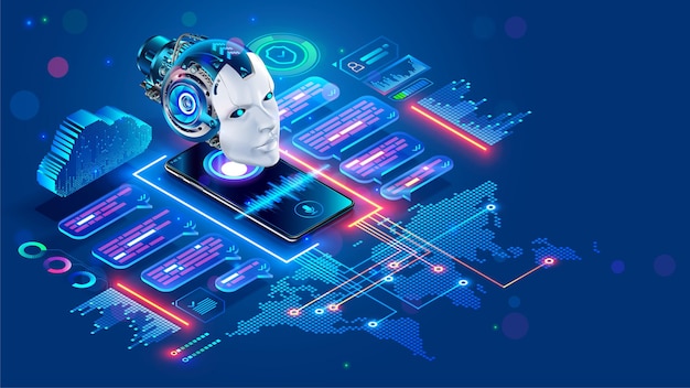 Chat bot with AI helping of users speakers of different languages Online multilanguage support App of Voice assistant on Phone Robot on screen smartphone talk in messenger Chatbot 3d rendering