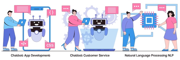 Chatbot app development customer service and natural language processing concept with people characters AI programming vector illustration pack Client support web chat machine learning metaphor