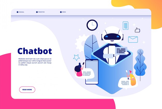 Chatbot concept. Chat with android woman man talking with mobile phone to ai application bots help human future technology  page