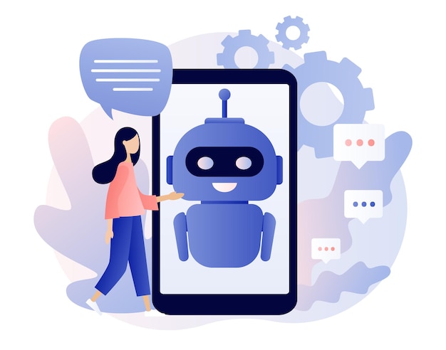 Chatbot-konsepti AI-robottiassistentti online-asiakastuki Pieni tyttö keskustelemassa chatbot-sovelluksen kanssa