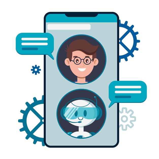 Chatbot-konsepti. Käyttäjät chattaavat söpön robotti-chatbotin kanssa älypuhelimella.