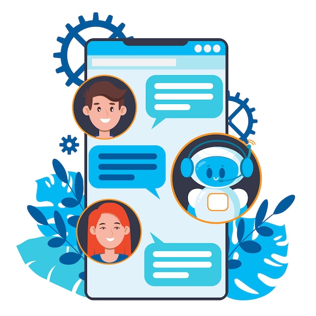 Chatbot-konsepti. Käyttäjät chattaavat söpön robotti-chatbotin kanssa älypuhelimella.