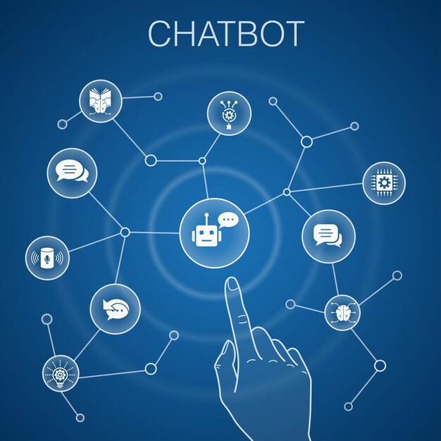 Chatbot-konsepti, sininen tausta. puheavustaja, automaattinen vastaaja, chat, teknologia -kuvakkeet