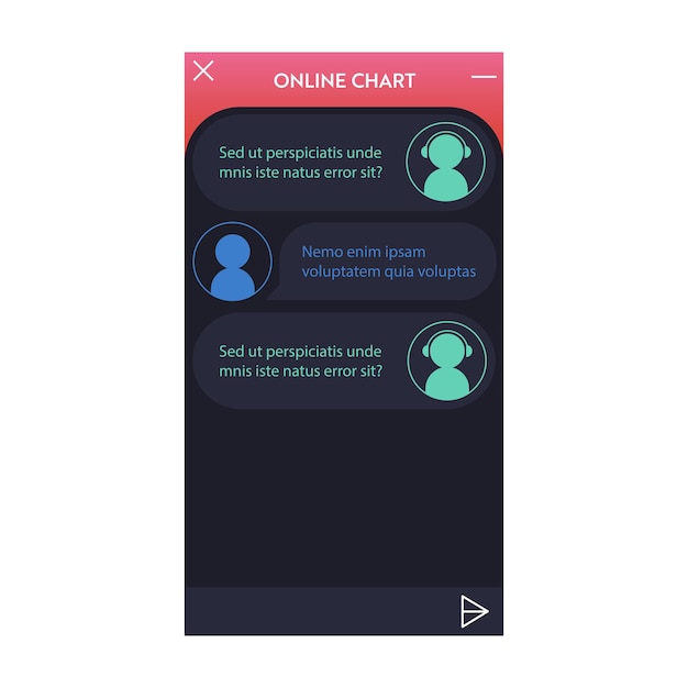 Chatbot window. Dark Night mode. User interface of application with online dialogue. Conversation with a robot assistant