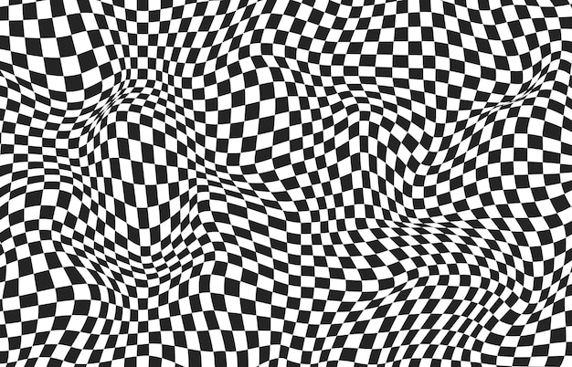 Checkered background with distortion effect Chessboard distorted surface Black white background