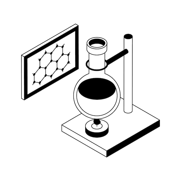 Chemistry lab retort stand with chemical flask isometric outline icon