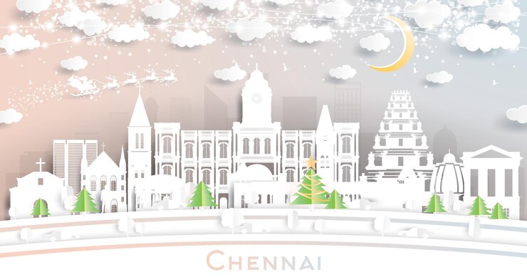 Vektori chennai india city skyline in paper cut style with snowflakes moon and neon garland
