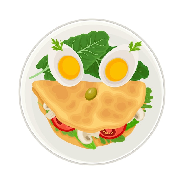 Childish Breakfast Food with Sandwich and Boiled Egg in Shape of Smiley Above View Vector Illustration