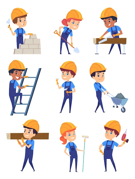 Children builders. Little working characters in yellow helmet for building professional construct  cartoon.