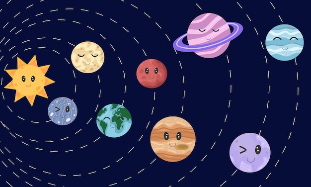 Children illustration of solar system Cute kawaii planets and satellites flying around sun Smiling