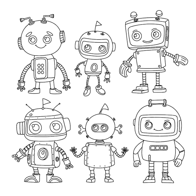 childrens coloring book set of cute robots vector illustration in doodle style