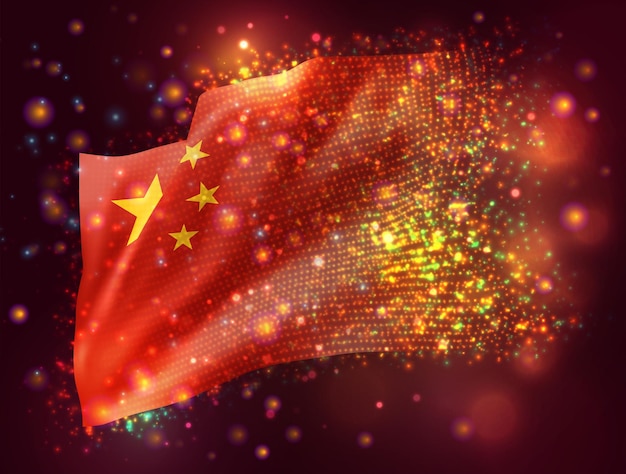 China, vector 3d flag on pink purple background with lighting and flares