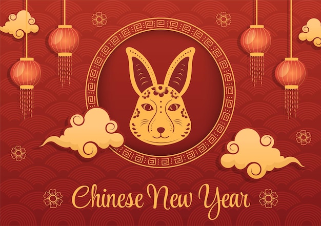 Chinese Lunar New Year 2023 Day of the Rabbit Zodiac Sign Hand Drawn Cartoon Flat Illustration