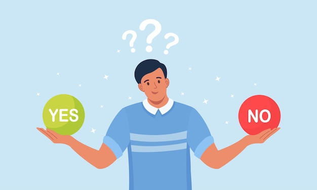 choose between yes or no. man is thinking about problem, making decision. man confused by hard choice. search of balance