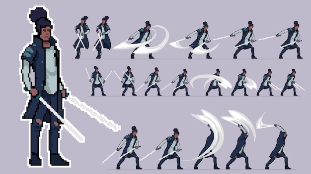chracter pixelart animation sprite s ready to use walk cycle run sycle hit sword black guy with cape