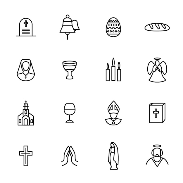 Christian Signs Black Thin Line Icon Set Include of Cross Bible Candle Bell and Egg Vector illustration of Icons