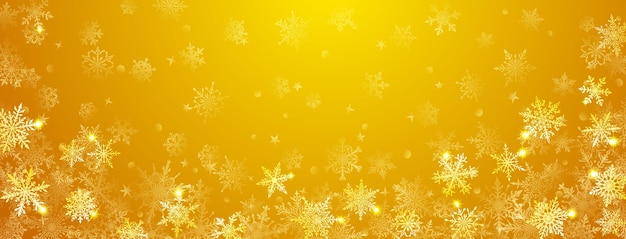Christmas background of beautiful complex big and small snowflakes in yellow colors Winter illustration with falling snow