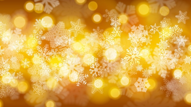 Christmas background of big and small snowflakes with bokeh effect, in golden colors