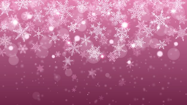 christmas background of complex blurred and clear falling snowflakes in purple colors with bokeh effect