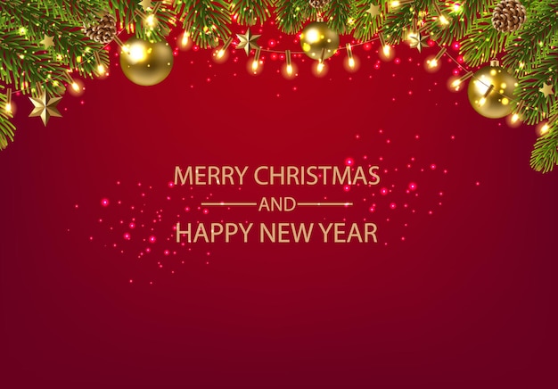 Christmas Card With Fir Tree And Red Background With Gradient Mesh, Vector Illustration