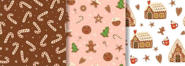 christmas dessert seamless pattern set gingerbread house cookies pastry on pink vector background