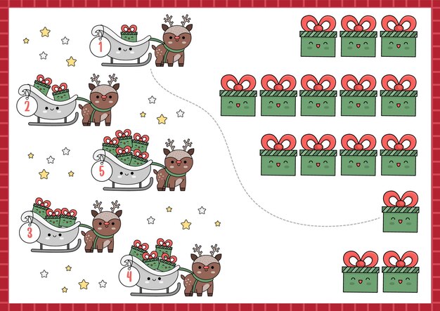 Christmas matching game with cute kawaii deer sledge presents Winter holiday math activity for preschool kids Educational printable New Year counting worksheet with cartoon characters