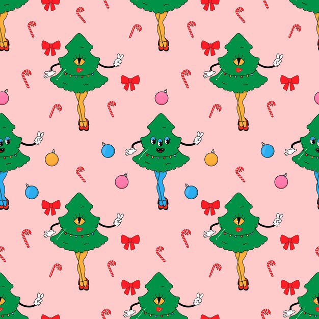 Christmas tree In psychedelic groovy style Seamless pattern on fabric wrapping paper bedding clothing
