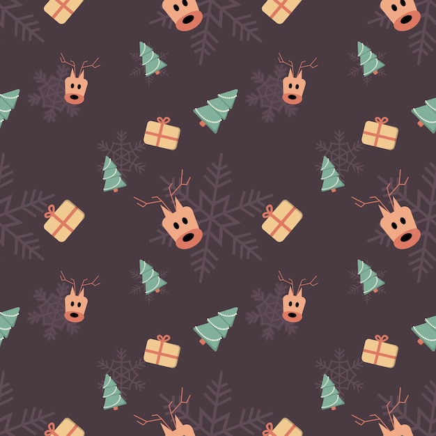 christmas tree present box deer head and snowflakes object in rounded corner theme seamless pattern background best for winter holiday fabric giftwrap scrapbook greeting cards design projects