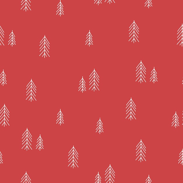 Christmas tree winter pattern in doodle hand drawn scandinavian style on red background