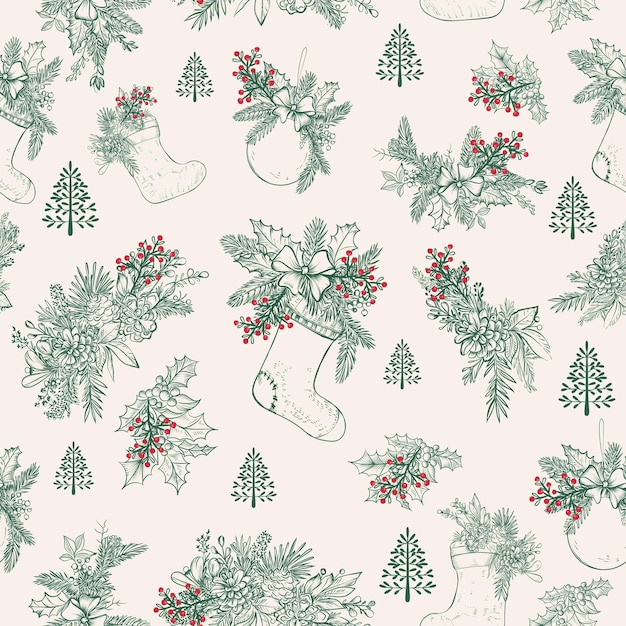 christmas vintage style vector seamless pattern with had drawn branches holly tree ad socks