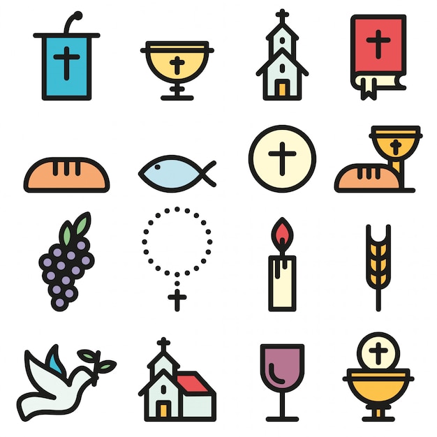 Church and Christian Community Flat Outline Icons set