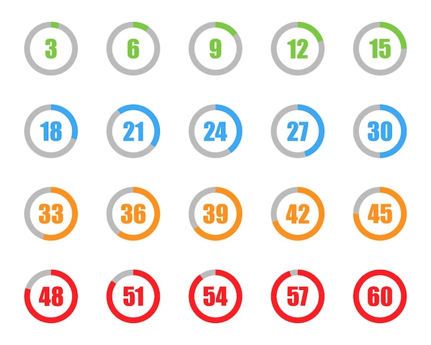 Circle chart diagram icons with different numbers Pie charts diagrams Set of different color circles isolated Circle loading and circle progress collection