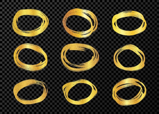 Circle drawn with a gold marker Set of doodle style various scribble circles Gold hand drawn design elements on dark transparent background Vector illustration