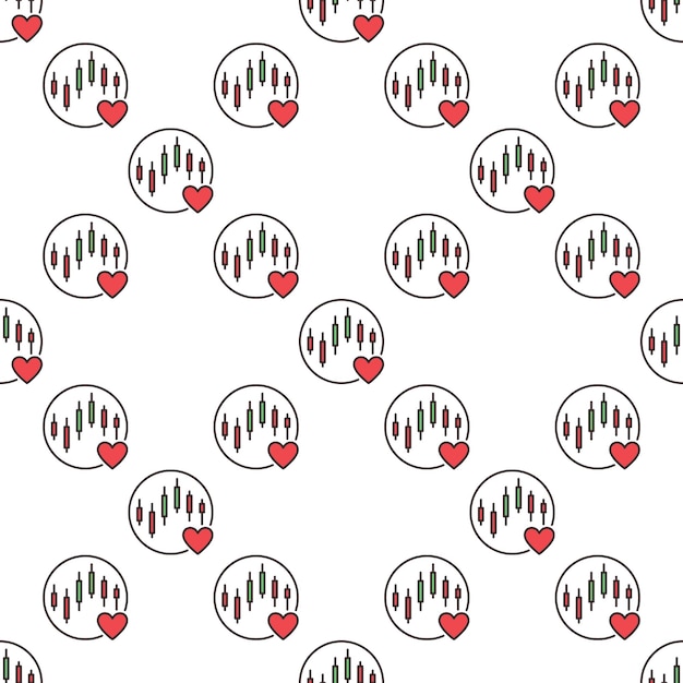 circle with red heart and trading chart vector representing a love for investing colored seamless pattern