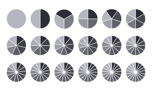 Circles divided into parts from 1 to 18 Black round chart for infographic pie portion or pizza slice
