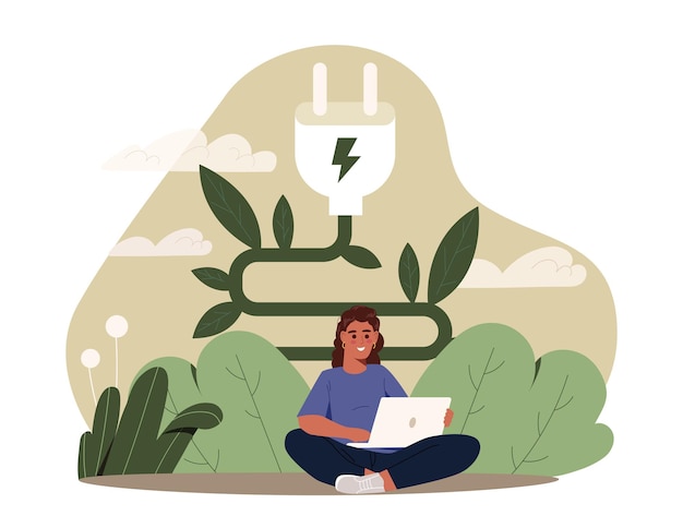 Circular economy concept Woman with eco friendly electrical plug Care about nature and ecosystem Zero waste and sustainable lifestyle Poster or banner Cartoon flat vector illustration